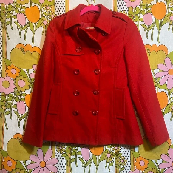 Red Wool Blend Pea Coat - Picture 1 of 10